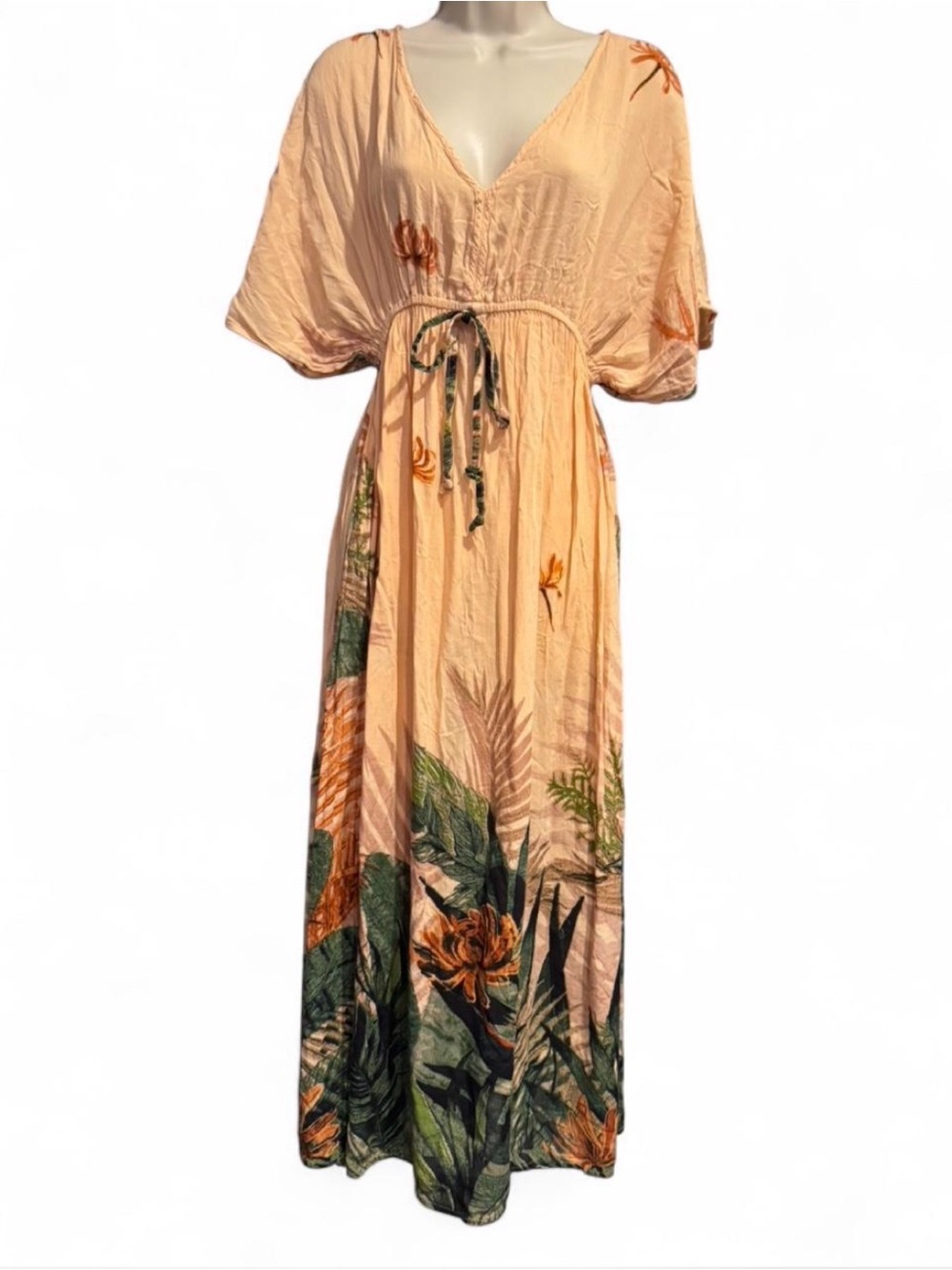 Cost Plus World Market Boho Tropical Floral Maxi Dress S/M Peach Resort